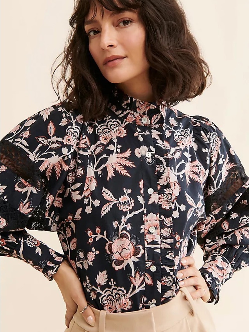 Love The Label | Floral Lace-Trim Button-Up Blouse - Black/Pink